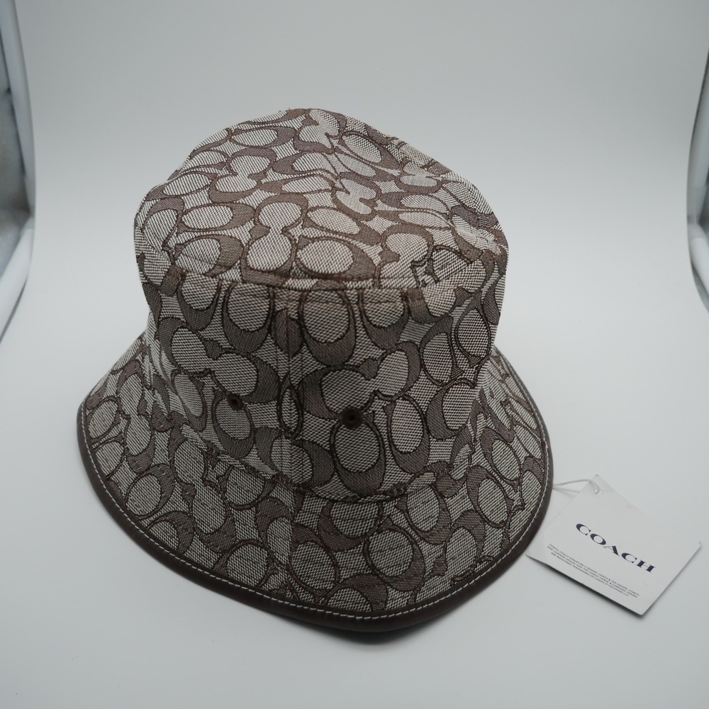 Coach Signature Jacquard Bucket Hat C4043‎ Khaki Saddle Brown Leather Trim NWT